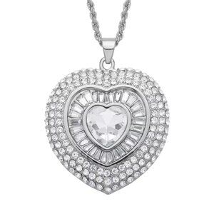 💝 Bold Beautiful White Austrian Crystal Heart Pendant Silvertone 30" Necklace